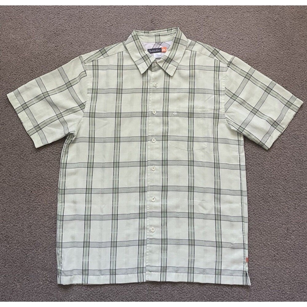 Quiksilver Mens Medium Green Plaid Short Sleeve Button Up Shirt Casual Surfwear